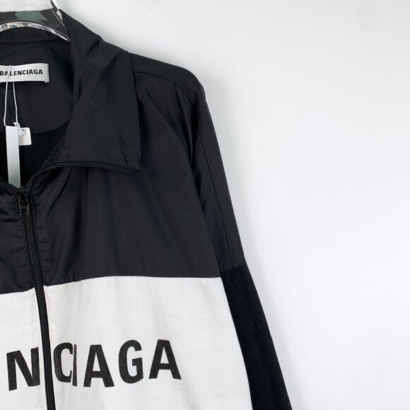 Balenciaga Two-Tone Logo Printed Cotton Long-Sleeve Zipper Jacket Black/White Si - Picture 7 of 8